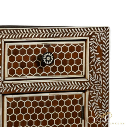 Handmade Brown Bone Inlay Bedside Table with Two Drawers | Luxury Handmade Bedside Table