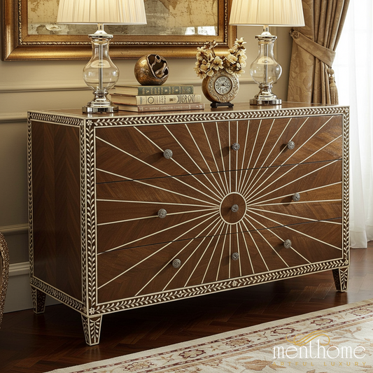 Decorative Wooden Chest with Radiant Inlay Design | Luxury Handmade Dresser