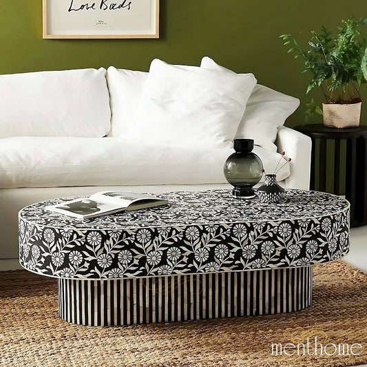 Bone Inlay Oval Coffee Table Wooden Pattern Furniture | Luxury Handmade Coffee Table