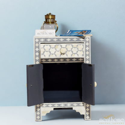 Targua pattern Bedside table Grey Bone Inlay 1-drawer | Luxury Handmade Bedside Table