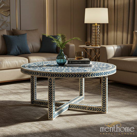 Handcrafted Blue and White Patterned Round Coffee Table | Luxury Handmade Coffee Table