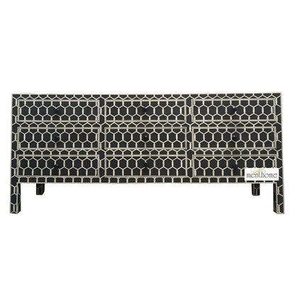Bone Inlay Ikat Design 9 Drawers TVC, Media Unit, Indigo Blue TV Cabinet, Bone Inlay Home Decor Furniture Handmade Design Bone inlay Wooden