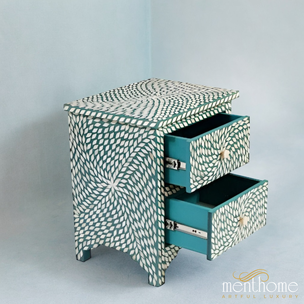 Green Bone Inlay Petal Bedside Table for Home | Luxury Handmade Bedside Table