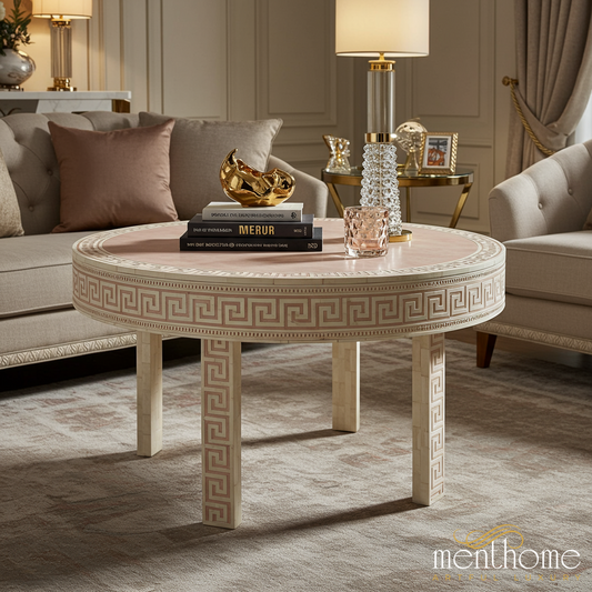 Elegant Round Wooden Coffee Table with Greek Key Pattern | Luxury Handmade Coffee Table