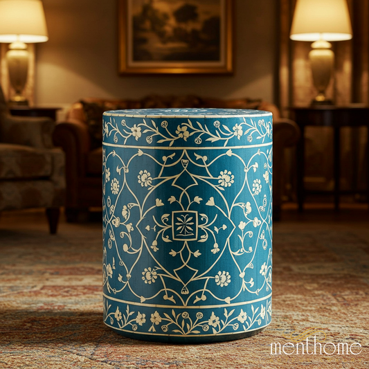 Blue Floral Patterned Ceramic Garden Stool | Luxury Handmade Stool