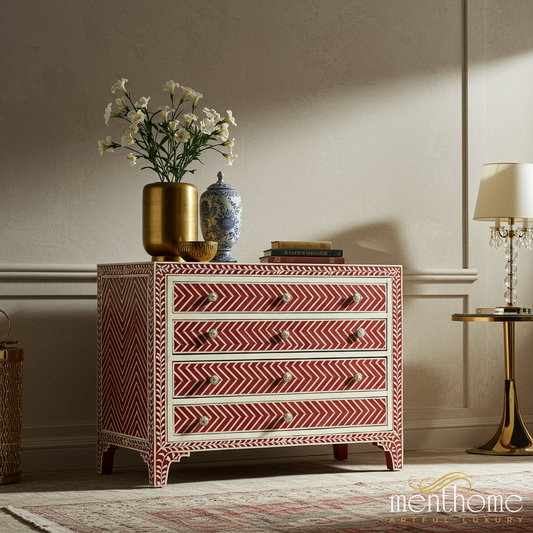 Red and White Handcrafted Bone Inlay Chevron Chest of Drawers | Luxury Handmade Chest of Drawer