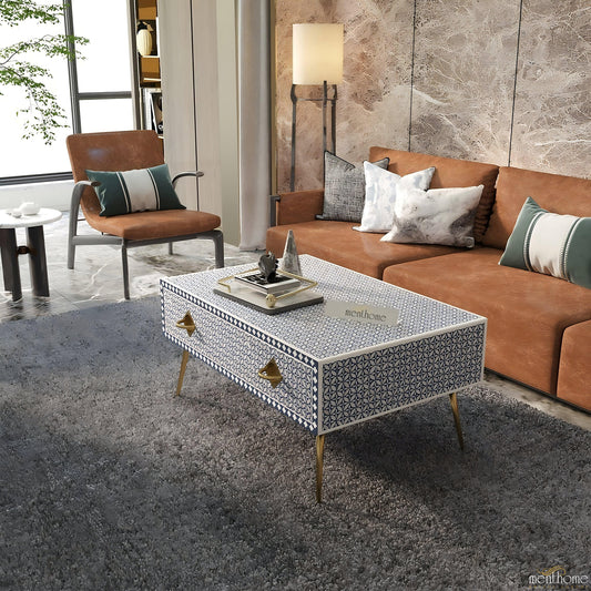 Handmade Bone Inlay One Drawer Coffee Table Furniture | Luxury Handmade Coffee Table