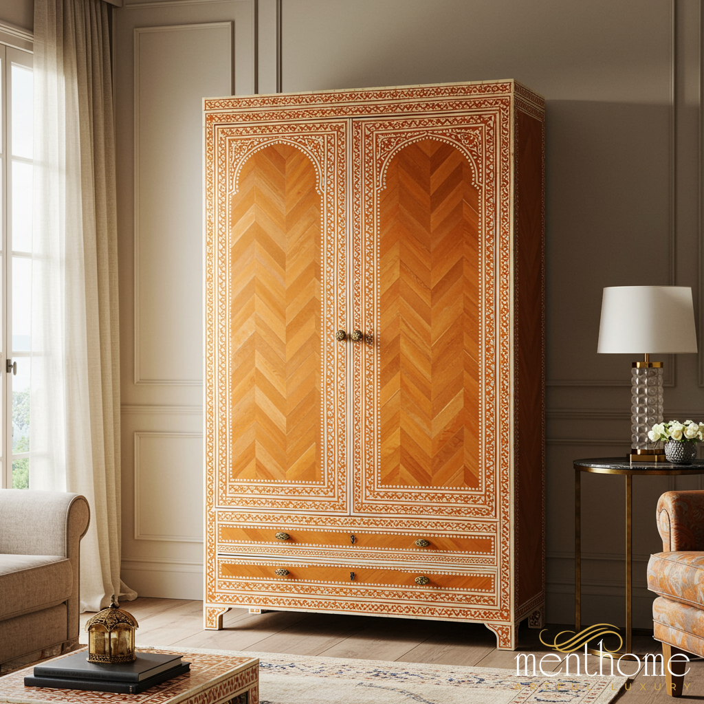 Vintage Carved Wooden Armoire with Inlay Detailing | Luxury Handmade Wardrobe