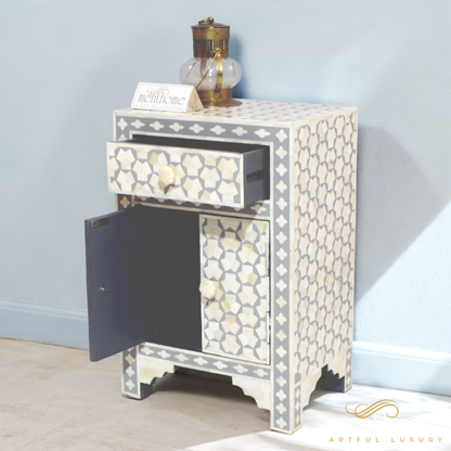 Targua pattern Bedside table Grey Bone Inlay 1-drawer | Luxury Handmade Bedside Table