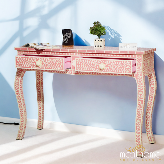2-Drawers Pink Floral Boen Inlay Bedside Table | Luxury Handmade Bedside Table