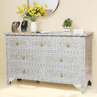 Floral Dresser Seven Drawer crafted with Mother of Pearl | Luxury Handmade Dresser