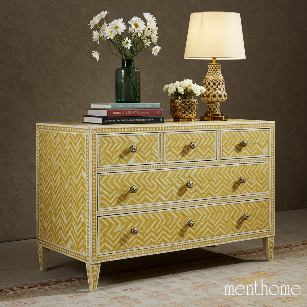 Yellow Patterned Wooden Dresser With Decorative Knobs