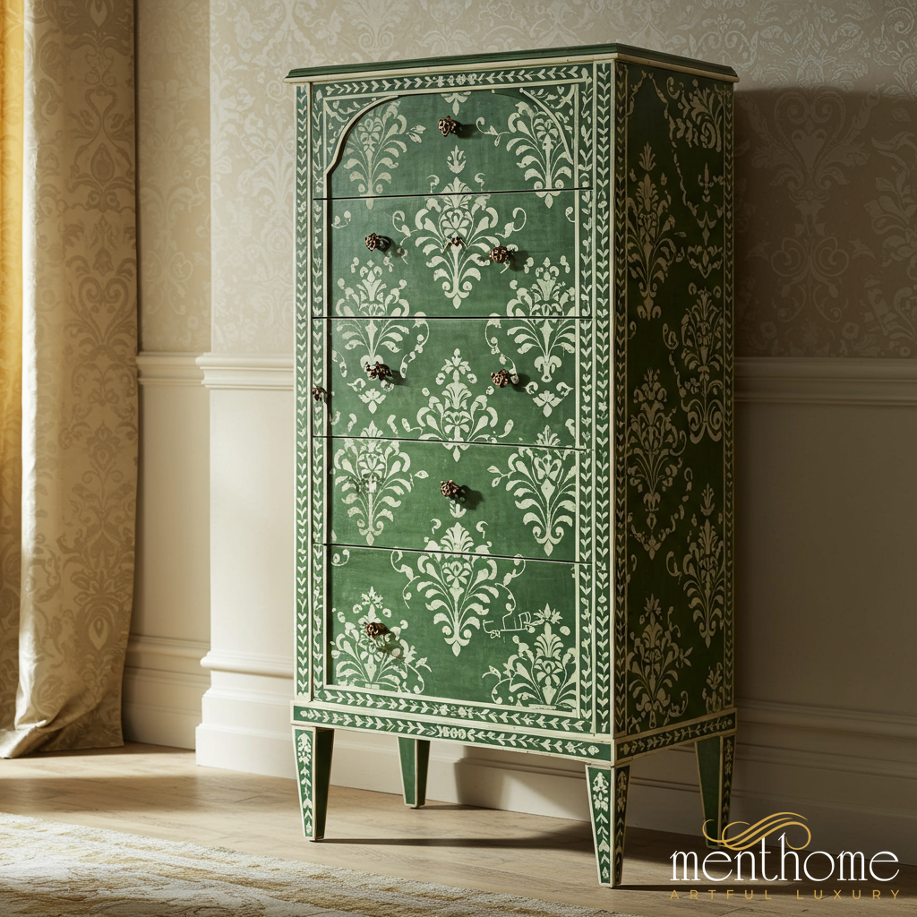 Hand-Painted Green Floral Pattern Tall Dresser | Luxury Handmade Tallboy
