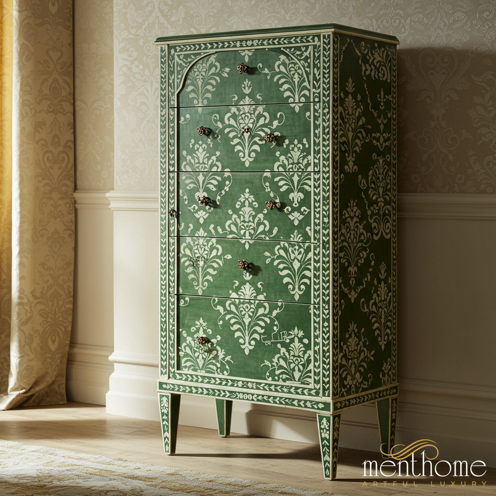 Hand-Painted Green Floral Pattern Tall Dresser