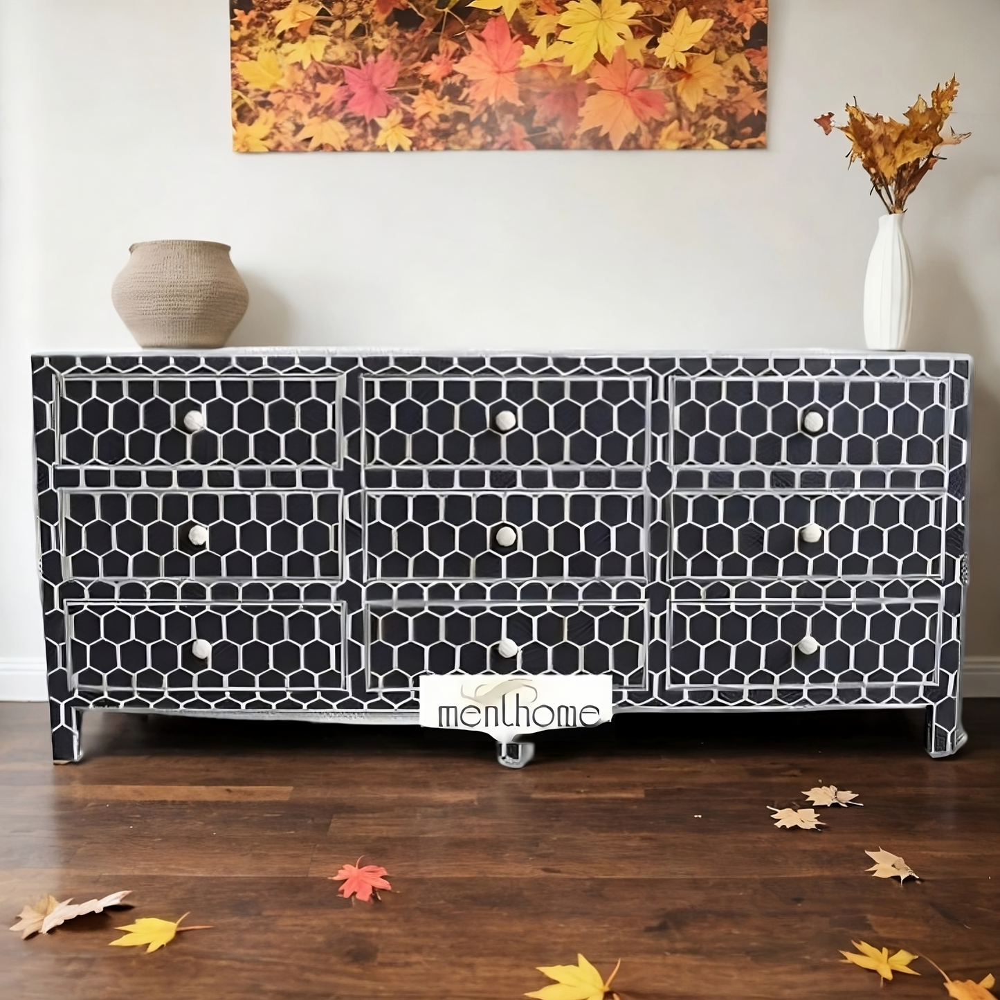 Bone Inlay Ikat Design 9 Drawers TVC, Media Unit, Indigo Blue TV Cabinet, Bone Inlay Home Decor Furniture Handmade Design Bone inlay Wooden