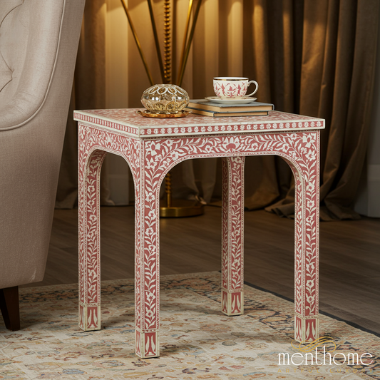 Handcrafted Floral Inlay Side Table | Luxury Handmade Side Table