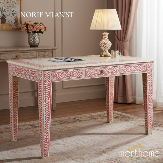 Handcrafted Red and White Bone Inlay Desk | Luxury Handmade Desk