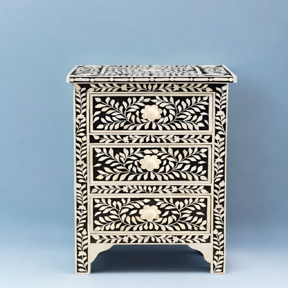 Resin Floral Bedside Table In Black Bone inlay