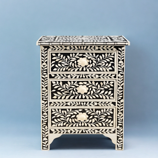 Resin Floral Bedside Table In Black Bone inlay