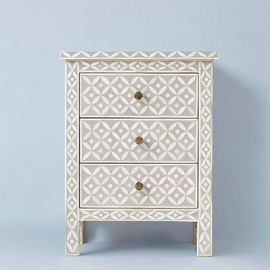 Grey 3 Drawer Bedside Table Floral Pattern