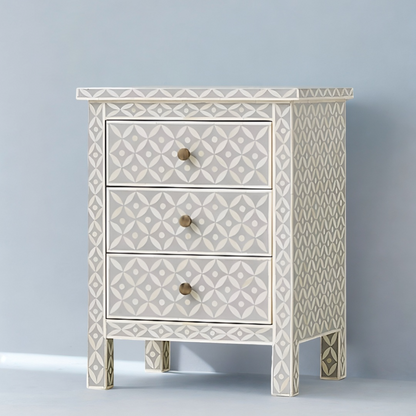 Grey 3 Drawer Bedside Table Floral Pattern
