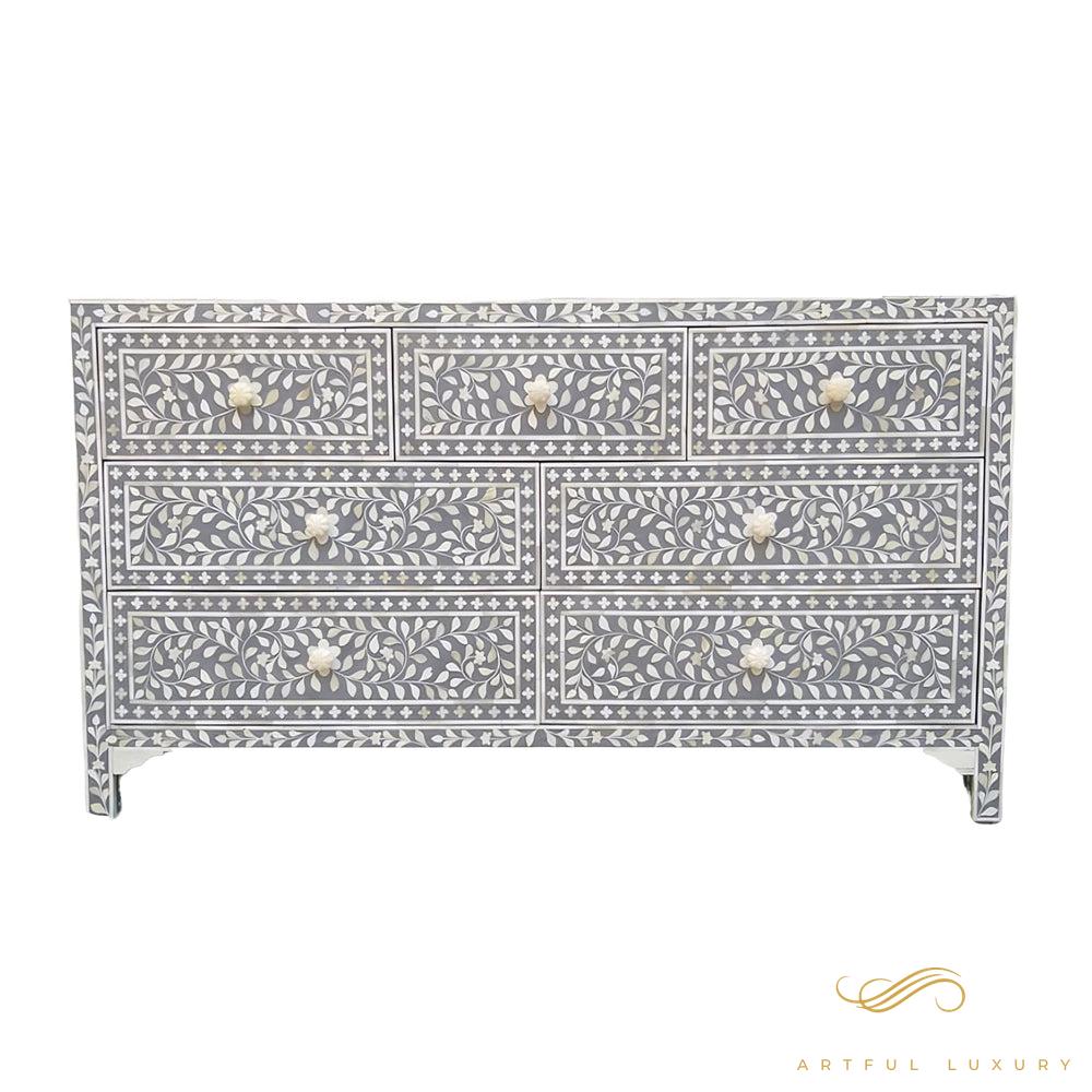 Bone Inlay 7 Drawer dressers floral grey | Luxury Handmade Dresser