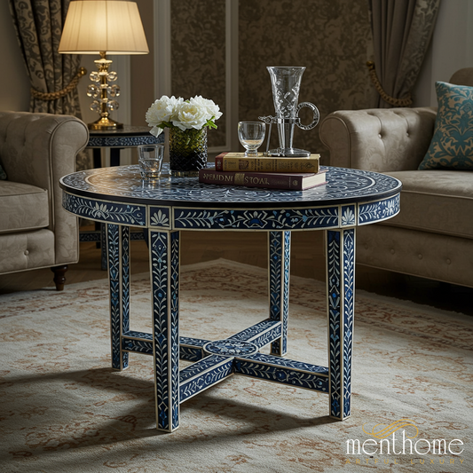 Handcrafted Blue and White Inlaid Round Coffee Table | Luxury Handmade Coffee Table