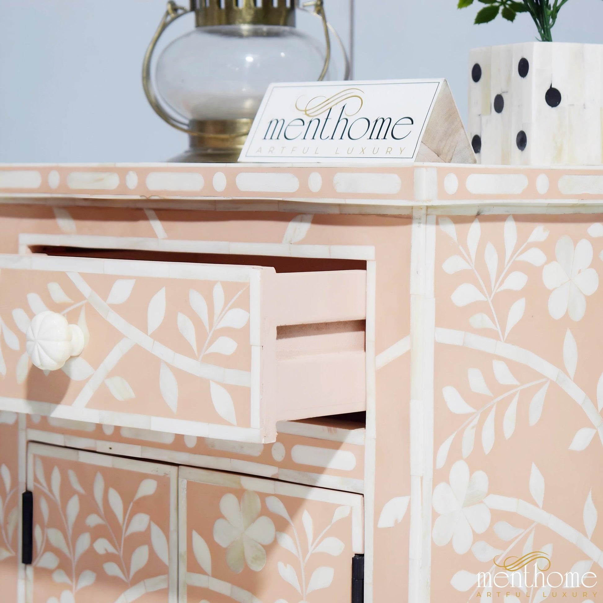 Flower Pattern Inlaid Bedside Table in Orange Color | Luxury Handmade Bedside Table