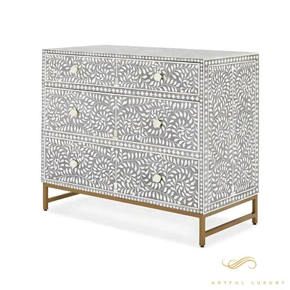 Bone Inlay 3-Drawer Small Dresser in Grey Color | Luxury Handmade Dresser