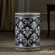 Navy Blue and Cream Ceramic Garden Stool with Damask Pattern | Luxury Handmade Stool