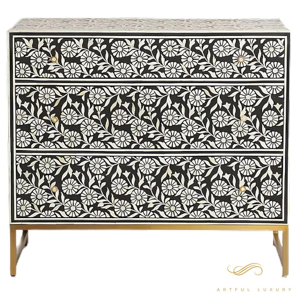 Bone Inlay 3-Drawer Dresser Large in Black Color | Luxury Handmade Dresser