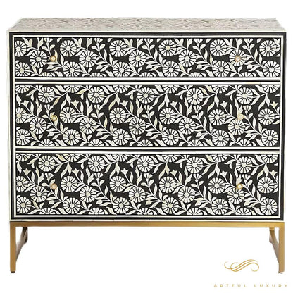 Bone Inlay 3-Drawer Dresser Large in Black Color | Luxury Handmade Dresser