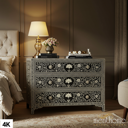 Handcrafted Black Floral Inlay Wooden Dresser | Luxury Handmade Chest of Drawer