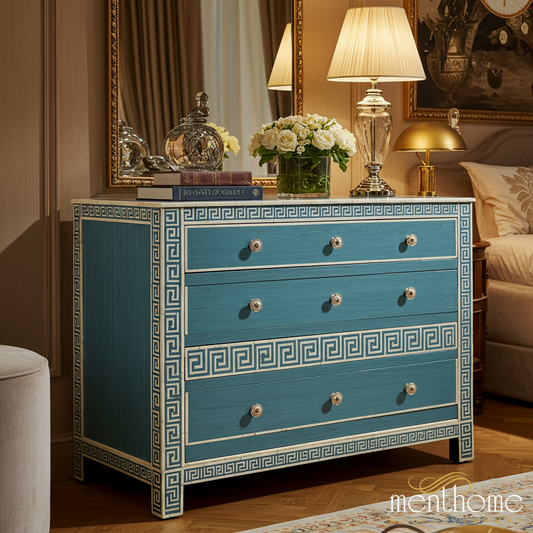 Elegant Blue and White Greek Key Pattern Chest of Drawers | Luxury Handmade Dresser
