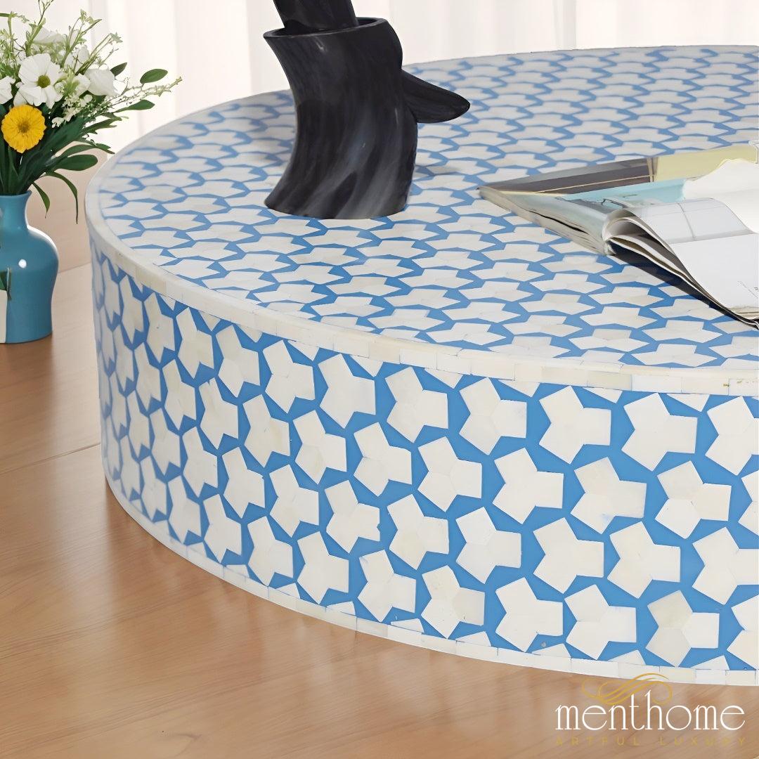 Sky Blue Coffee Table Round, featuring a sleek Brass Base | Luxury Handmade Coffee Table