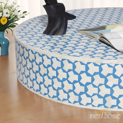 Sky Blue Coffee Table Round, featuring a sleek Brass Base | Luxury Handmade Coffee Table