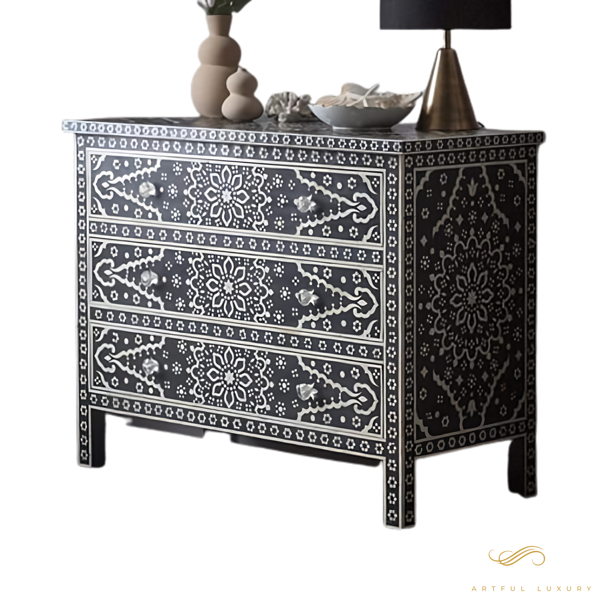 Bone Inlay Dresser( 42W X 30H X 18) Black Color | Luxury Handmade Dresser