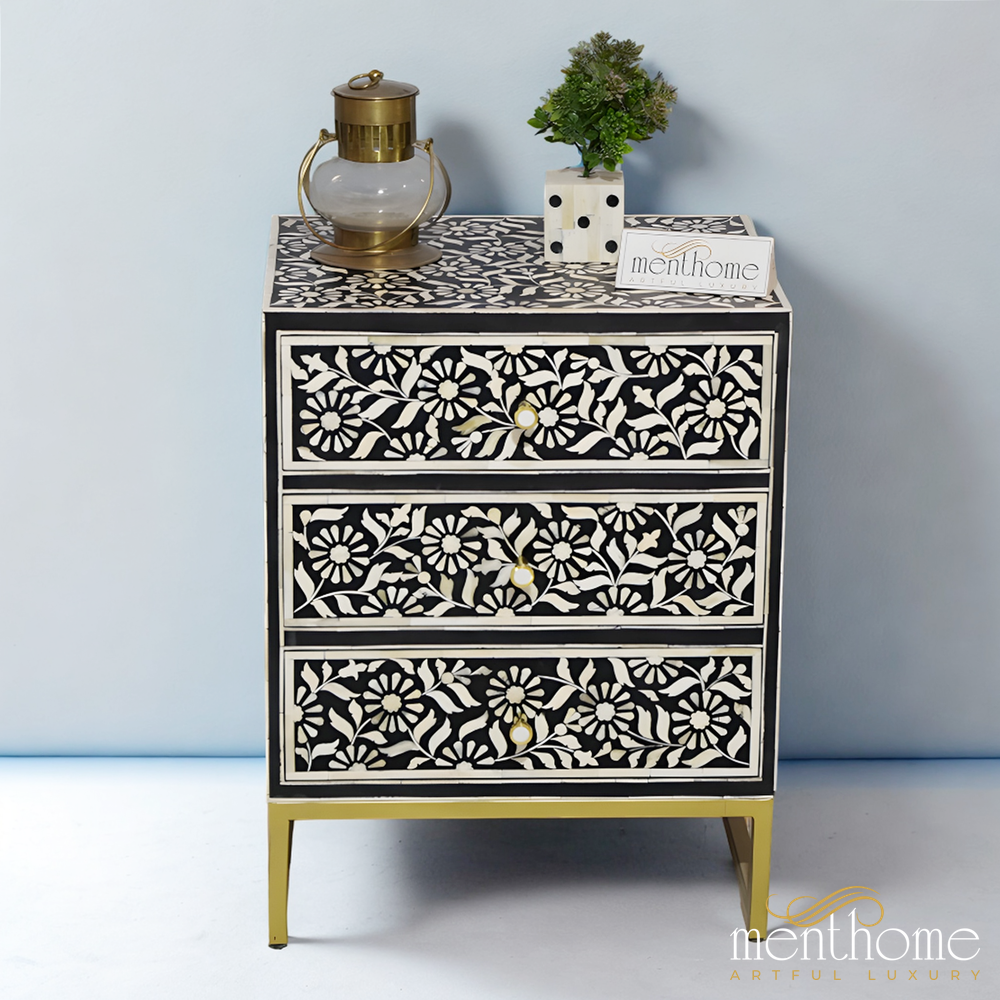 3-drawers Sunflower pattern Nightstand with Brass leg | Luxury Handmade Bedside Table