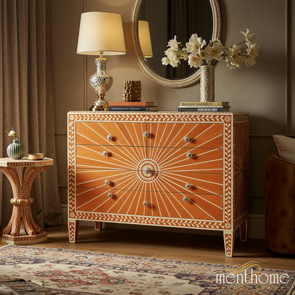 Sunburst Inlay Wooden Chest of Drawers | Luxury Handmade Dresser