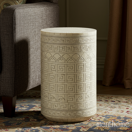 Geometric Pattern Inlay Stool | Luxury Handmade Side Table