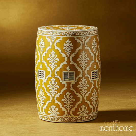 Decorative Yellow and White Patterned Ceramic Garden Stool | Luxury Handmade Stool