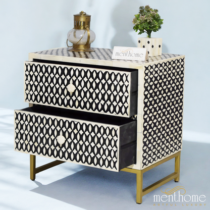 Eye Pattern 2 drawer Bedside Table Black Bone Inlay | Luxury Handmade Bedside Table