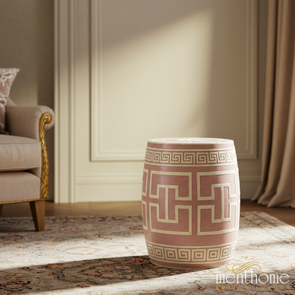 Decorative Ceramic Garden Stool with Geometric Design | Luxury Handmade Stool