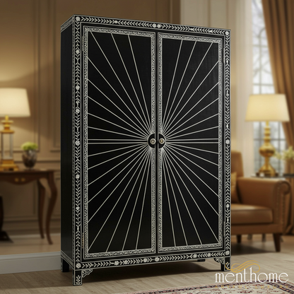 Black and White Inlay Wooden Wardrobe Cabinet | Luxury Handmade Wardrobe