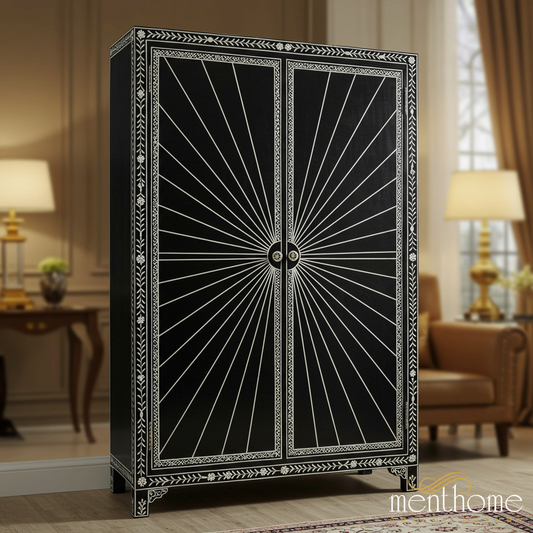 Black and White Inlay Wooden Wardrobe Cabinet | Luxury Handmade Wardrobe