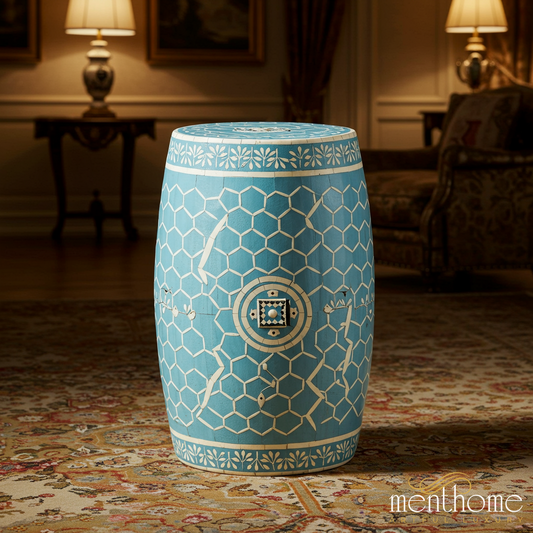 Blue Ceramic Garden Stool with White Geometric and Floral Patterns | Luxury Handmade Stool