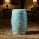 Blue Ceramic Garden Stool with White Geometric and Floral Patterns | Luxury Handmade Stool