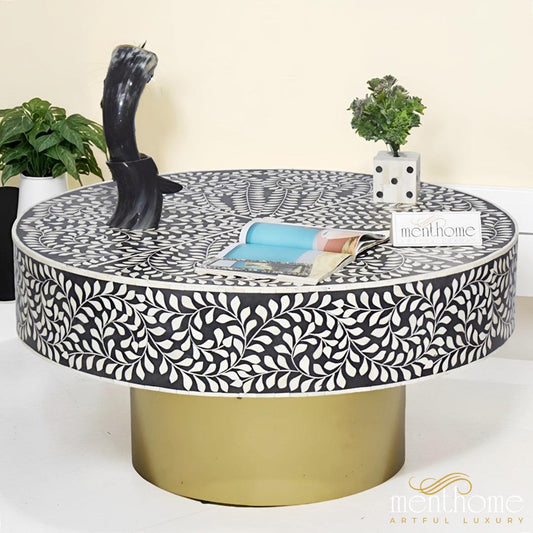 Floral Coffee Table Bone Inlay with Brass Leg | Luxury Handmade Coffee Table