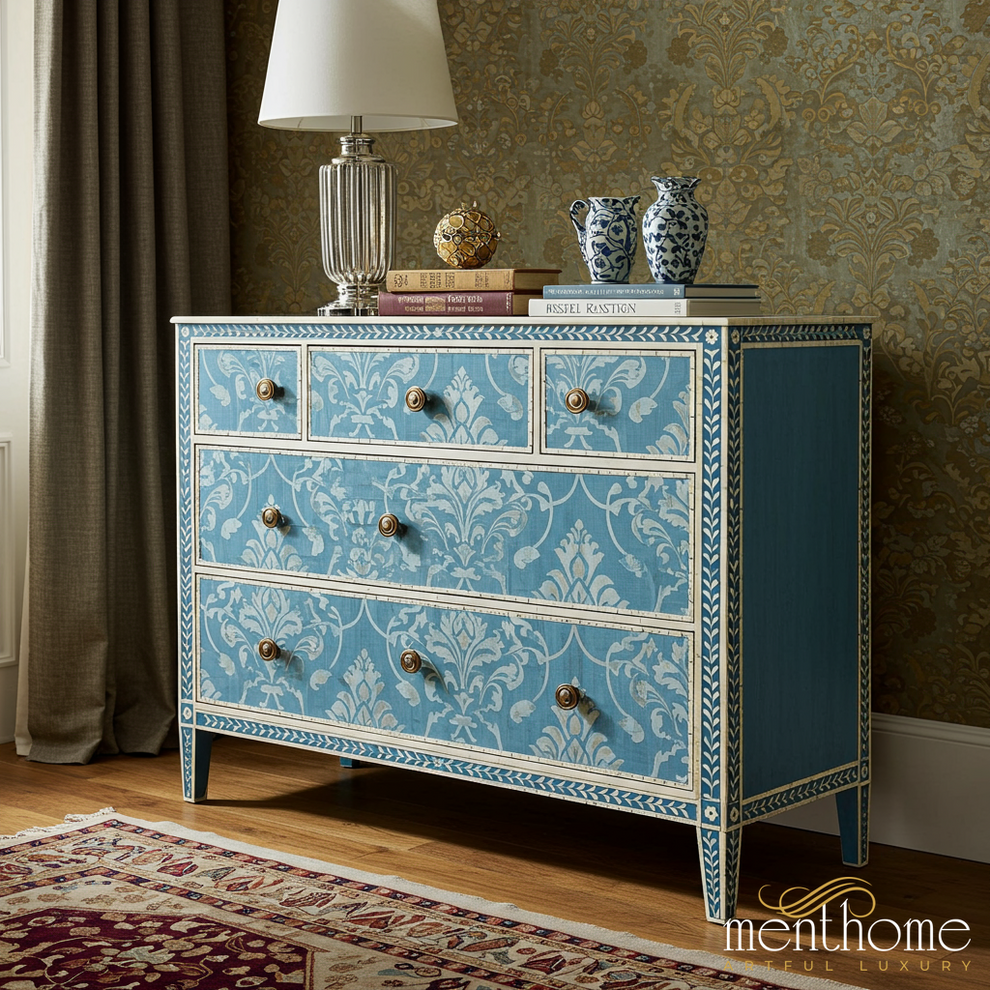 Blue Patterned Vintage Style Chest of Drawers Blue Patterned Vintage Style Chest of Drawers