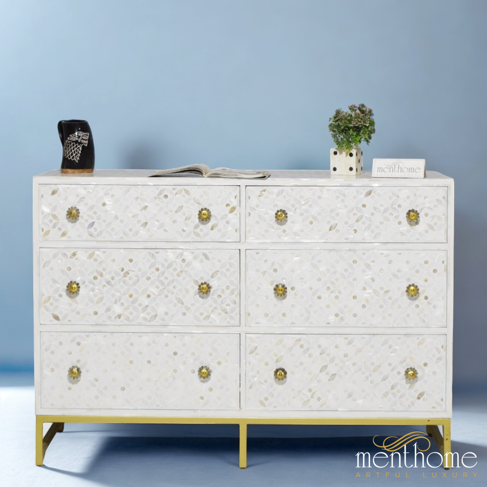 Six-Drawer Dresser Mother of Pearl Eye Cut Design | Luxury Handmade Dresser